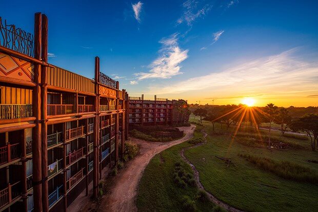 Disney Vacation Club's Animal Kingdom Lodge jambo house at sunset.