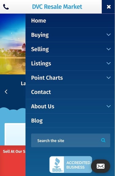 Menu on mobile device for DVC Resale Market