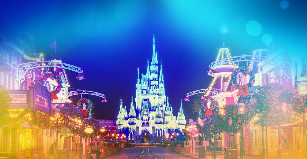 Christmas decorations adorn Cinderella's Castle at Walt Disney World's Resort