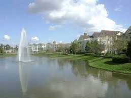 A fountain sprays in a pond at Disney's Saratoga Springs Resort and Spa