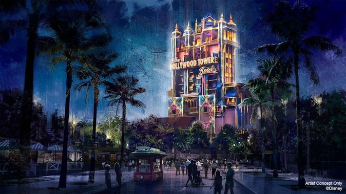 Hollywood Tower Light show concept art for WDW 50th Anniversary celebration