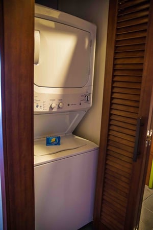 A washer and dryer behind a wooden closet door