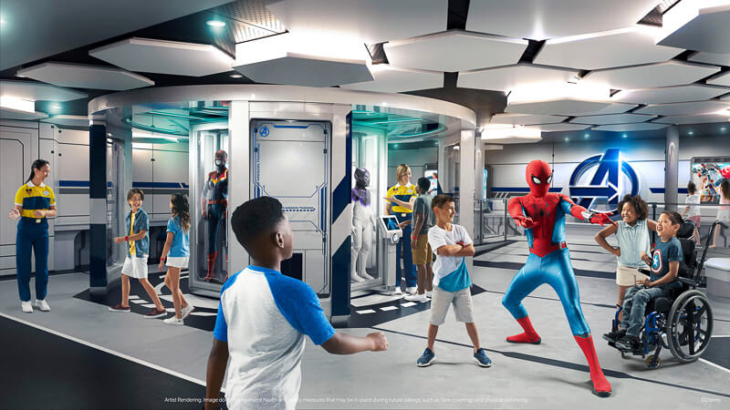 Kids playing with Spiderman at a Marvel Avengers event at Disney.