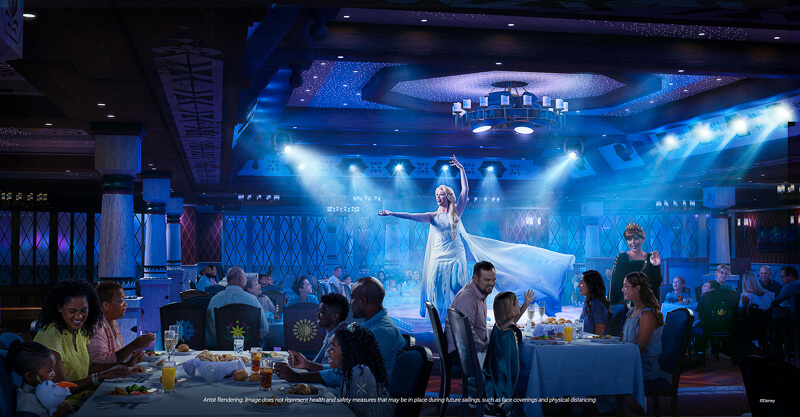 Arendelle: A “Frozen” Dining Adventure at Disney Wish featuring Elsa singing to a crowd, with Anna interacting with guests while they enjoy delicious food with family.