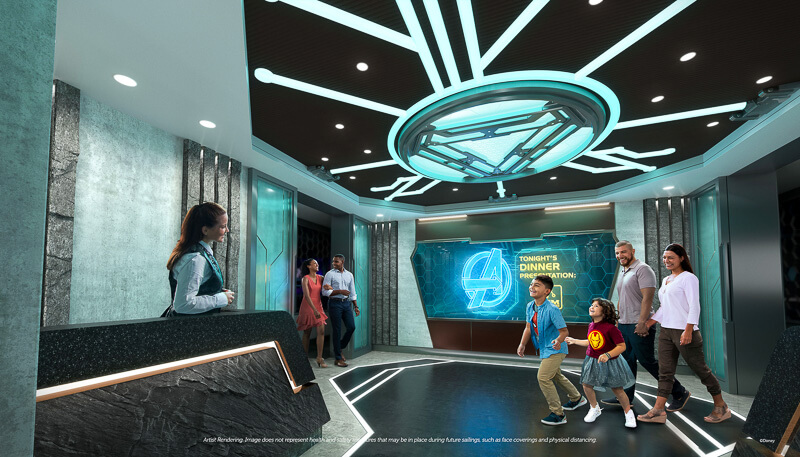 Family and couple attending an Avengers themed dining experience at a Disney Cruise Line.