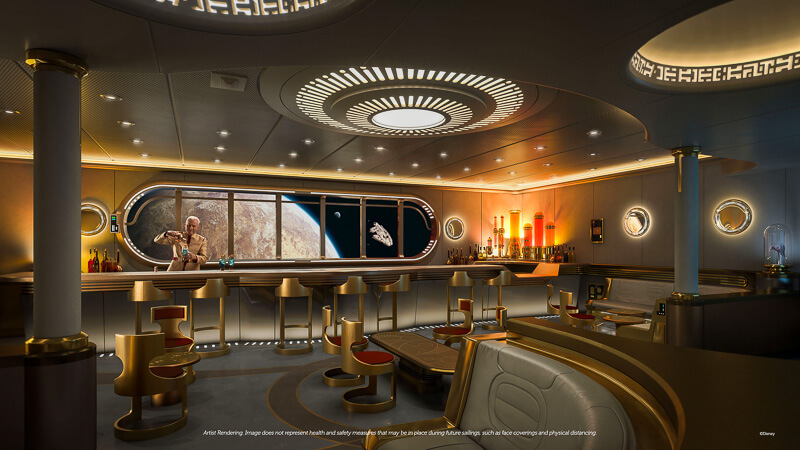 The futuristic Hyperspace lounge with a window display of famous interstellar landscapes from the Star Wars universe.