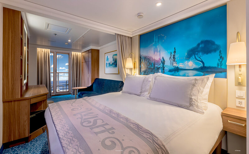 Concept of a master bedroom at the Disney Wish cruise.