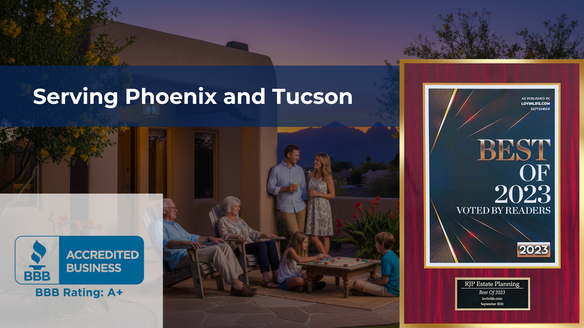 Multigenerational family on an Arizona patio at dusk