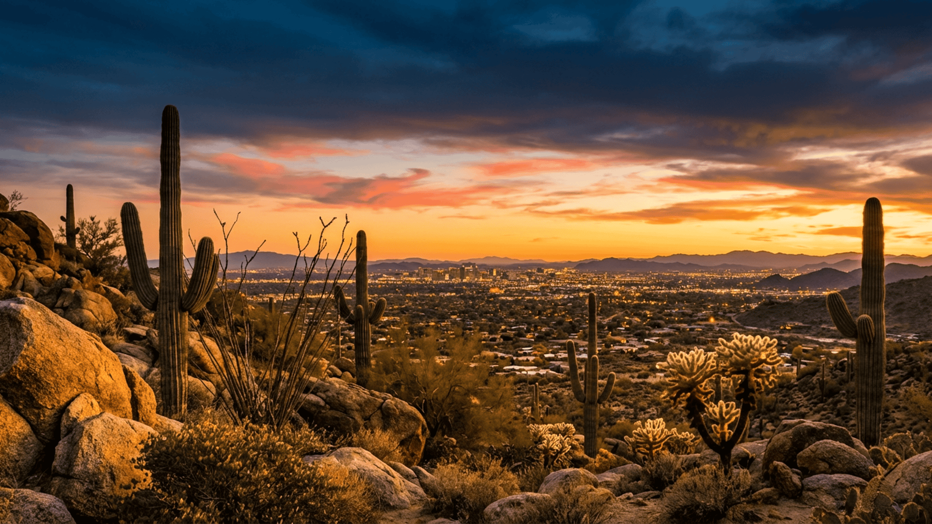 Aerial view of Scottsdale Arizona neighborhoods at sunset with Camelback Mountain