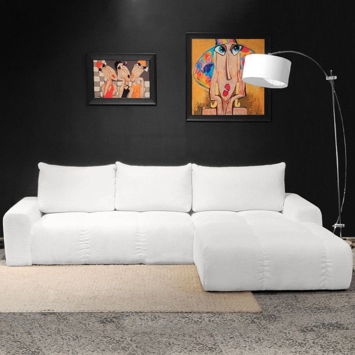 Canapé d'angle droit convertible tissu bouclette blanc 304 cm - VOLT Meubletmoi