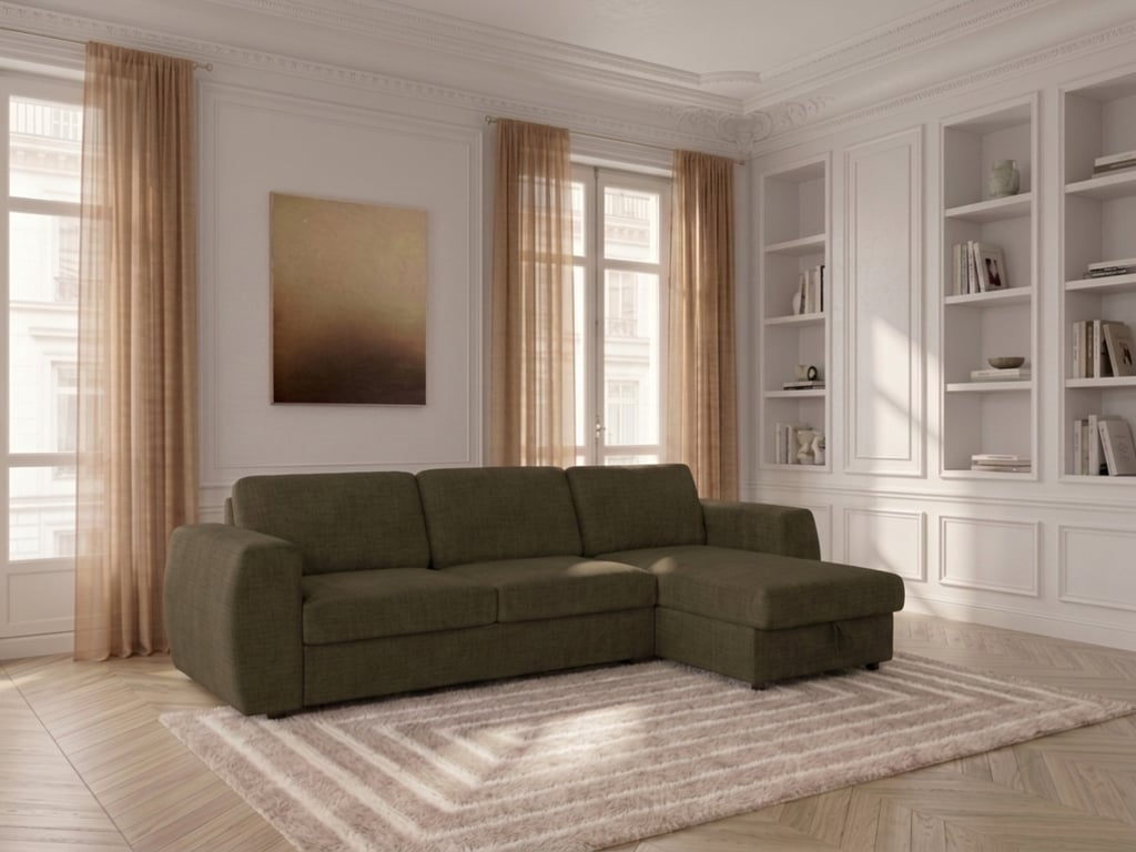 Hugo - Canapé d'angle convertible réversible 4 places tissu texturé vert - Vue supplémentaire 1