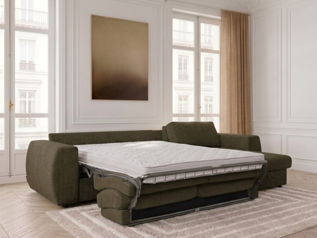 Hugo - Canapé d'angle convertible réversible 4 places tissu texturé vert - Vue supplémentaire 2