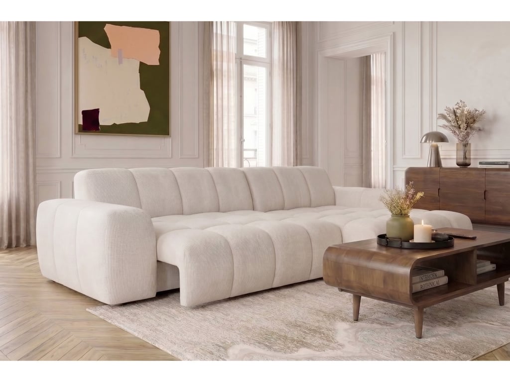 Theo - Canapé d'angle convertible 3 places chenille beige assise coulissante électrique - Vue supplémentaire 2