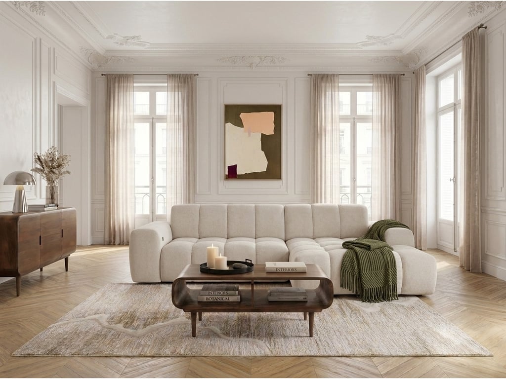 Theo - Canapé d'angle convertible 3 places chenille beige assise coulissante électrique - Vue supplémentaire 3