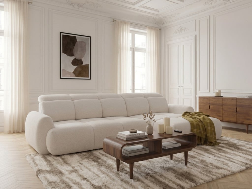 Produit similaire: Ruby - Canapé d'angle convertible 3 places avance recule électrique tissu chenille beige