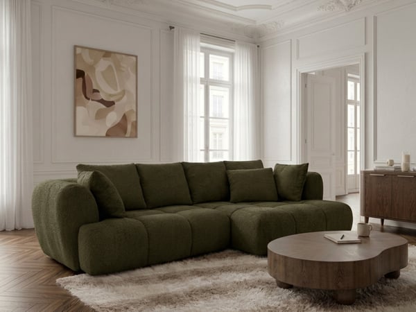 Aude - Canapé d'angle convertible 3 places tissu bouclette vert assise coulissante électrique