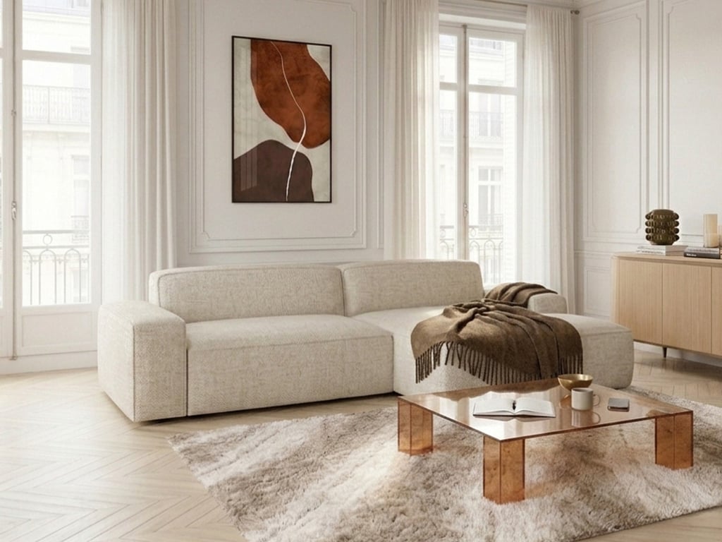 Canapé d'angle convertible avance-recule électrique ABEL tissu chiné Beige
