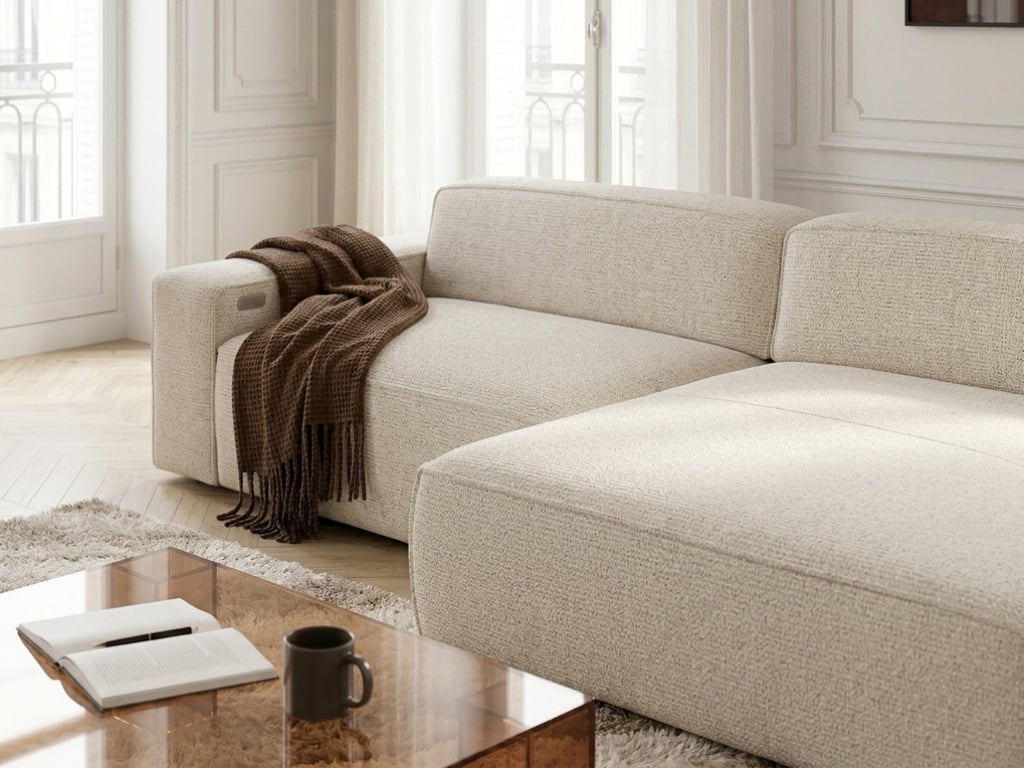 Abel - Canapé d'angle convertible 3 places avance recule électrique tissu chiné beige - Vue supplémentaire 2
