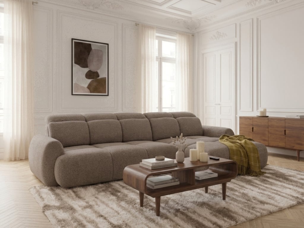 Canapé d'angle convertible avance-recule électrique RUBY tissu chenille Marron