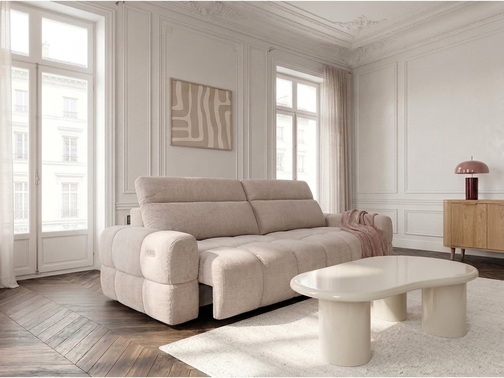 Mateo - Canapé convertible 3 places chenille beige assise coulissante électrique - Vue supplémentaire 2