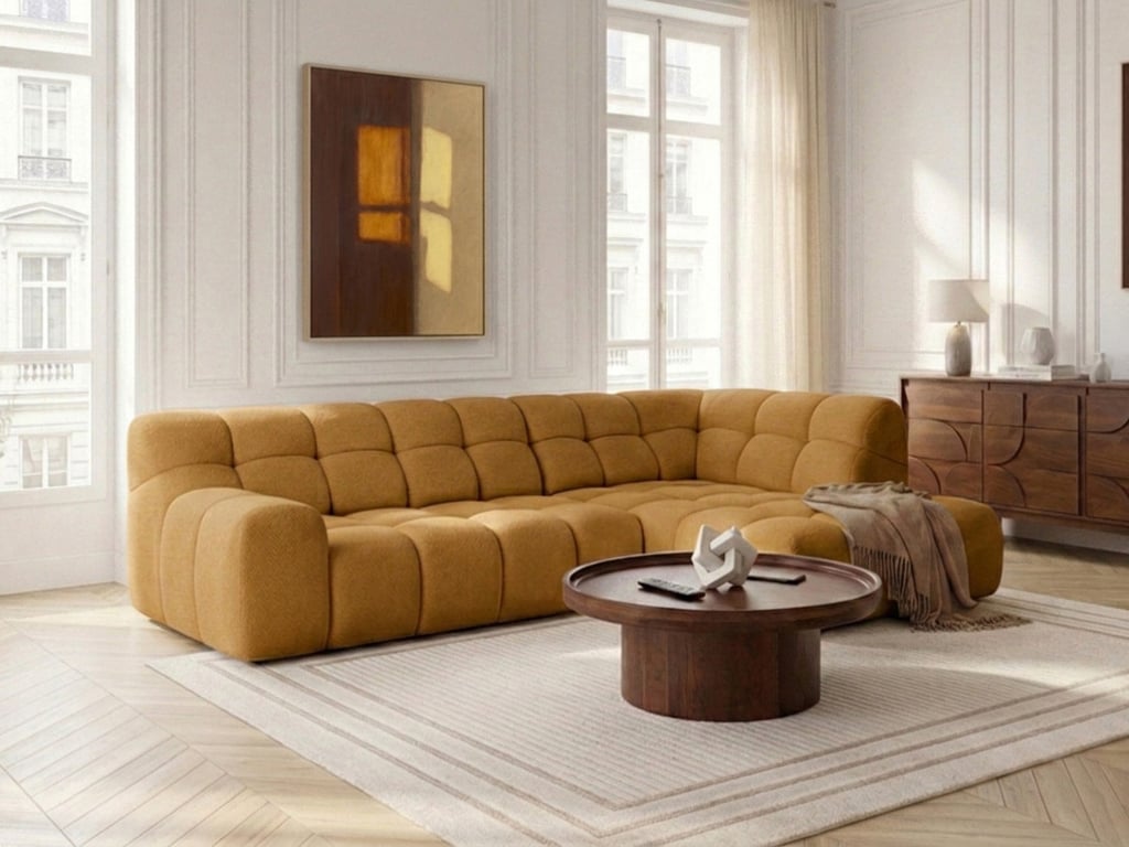 Canapé d'angle L convertible avance-recule électrique ANDRE tissu texturé Jaune