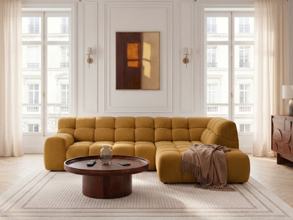 Andre - Canapé d'angle convertible 3 places l avance recule électrique tissu texturé jaune - Vue supplémentaire 2