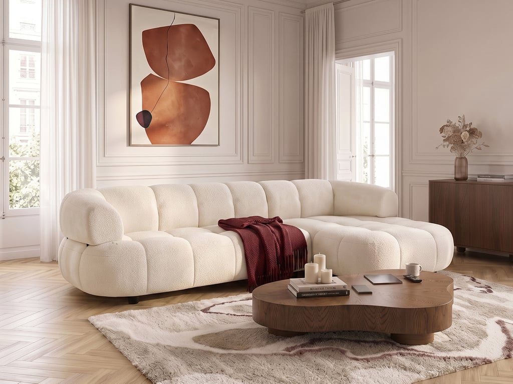 Canapé d'angle convertible avance-recule électrique LOVELY tissu lisse Beige