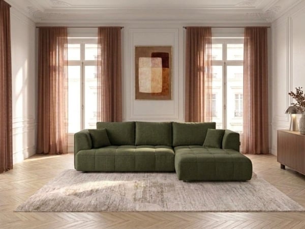 Clovis - Canapé d'angle convertible 3 places tissu vert assise coulissante électrique