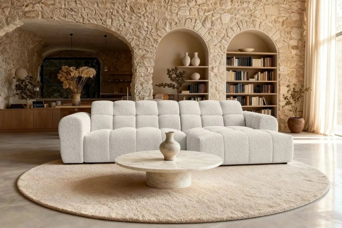 Alexia - Canapé d'angle fixe 4 places tissu bouclette beige - Vue supplémentaire 1