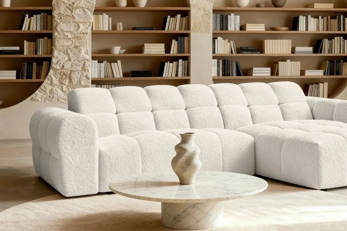 Alexia - Canapé d'angle fixe 4 places tissu bouclette beige - Vue supplémentaire 3