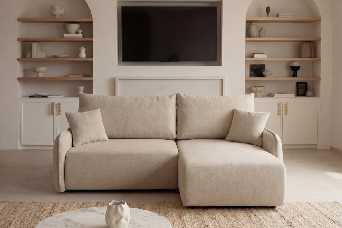 Sacha - Canapé d'angle convertible 3 places tissu chiné beige - Vue supplémentaire 1