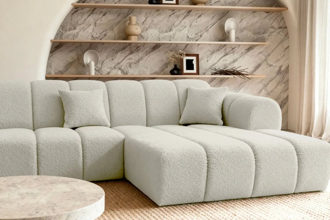 Laura - Canapé d'angle fixe 4 places tissu bouclette beige - Vue supplémentaire 1
