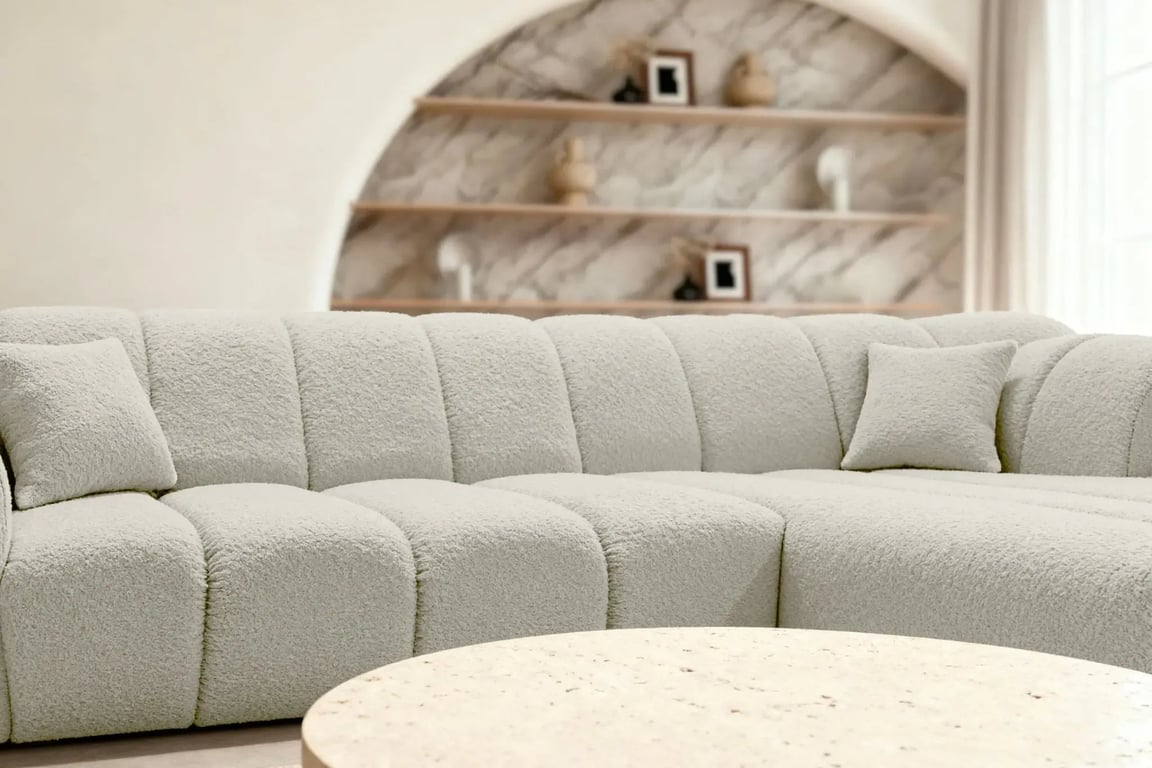 Laura - Canapé d'angle fixe 4 places tissu bouclette beige - Vue supplémentaire 2