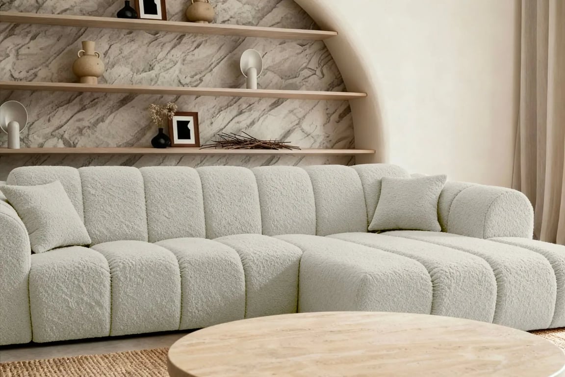Laura - Canapé d'angle fixe 4 places tissu bouclette beige - Vue supplémentaire 3