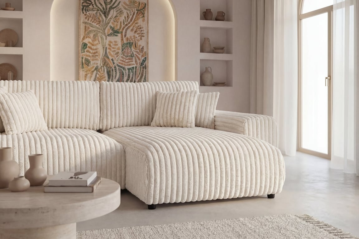 Caisa - Canapé d'angle convertible 4 places velours côtelé beige - Vue supplémentaire 2