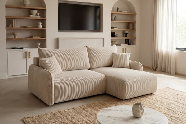 Sacha - Canapé d'angle convertible 3 places petit velours côtelé beige