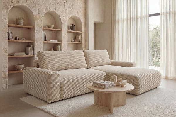 Olympe - Canapé d'angle convertible 4 places petit velours côtelé beige