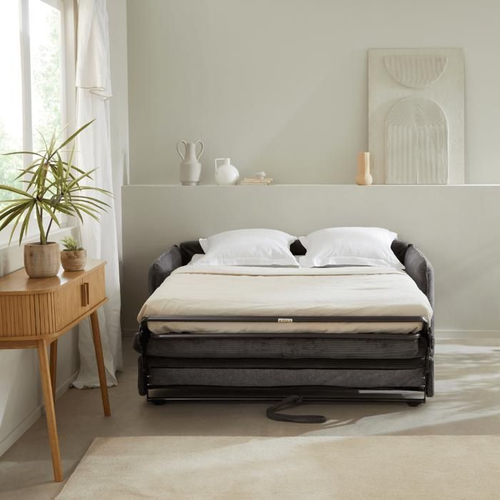 Canapé convertible 3 places en tissu velours côtelé L185 cm - 185 cm X 104 cm X 90 cm - MIKA - Gris anthracite - Vue supplémentaire 2