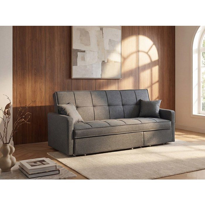 Canapé convertible en tissu CANETTI - VENTE-UNIQUE - 3 places - Gris - Couchage king size