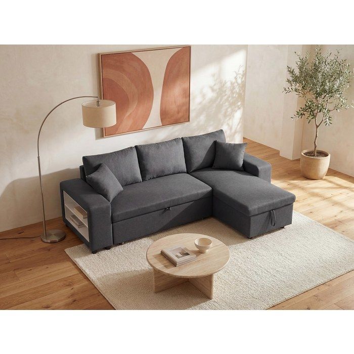 Produit similaire: Canapé d'angle convertible et réversible en tissu avec coffre de rangement et poufs anthracite SELIM