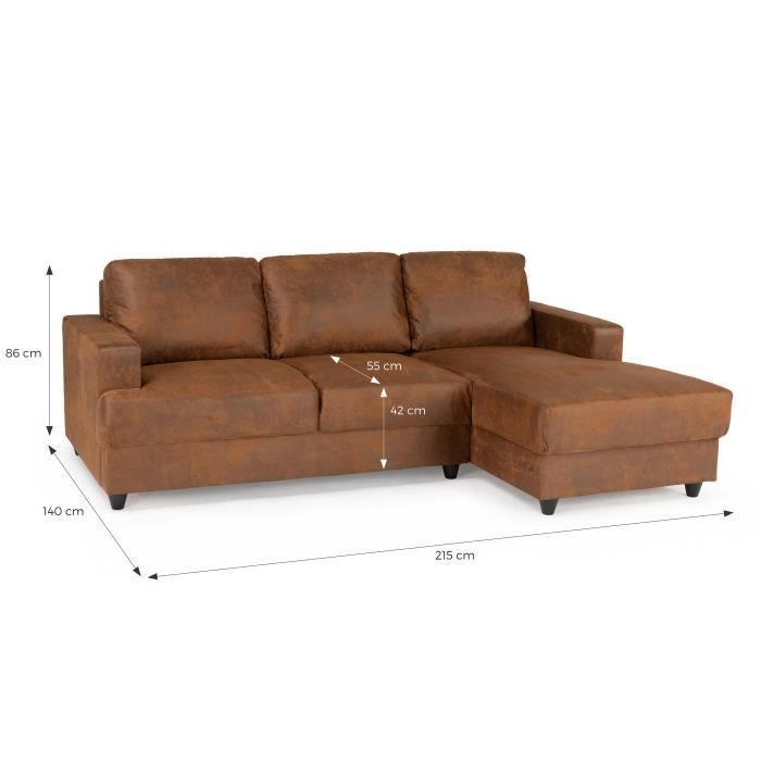 Canapé d'angle droit 4 places - Tissu marron vintage - Contemporain - L 215 x P 140 x H 86 cm - PAUL - Vue supplémentaire 2