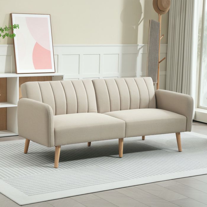 Canapé Convertible 2 Places - HOMCOM - Design scandinave - Dossier inclinable 3 Positions - Pieds Bois Tissu Aspect Lin - Beige