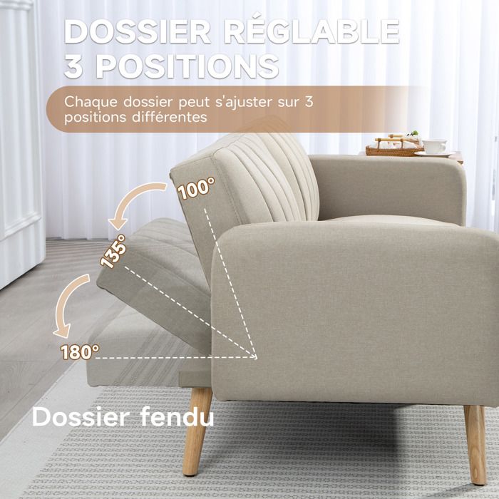 Canapé Convertible 2 Places - HOMCOM - Design scandinave - Dossier inclinable 3 Positions - Pieds Bois Tissu Aspect Lin - Beige - Vue supplémentaire 3