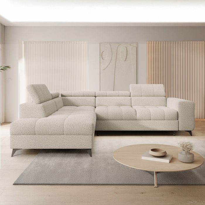 Gaspard - Canapé d'angle convertible gauche 6 places tissu bouclette beige - Vue supplémentaire 3