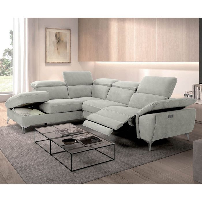 TOLEDO - Canapé d'Angle Gauche 1 Relax Electrique Gris Clair Angle Gauche