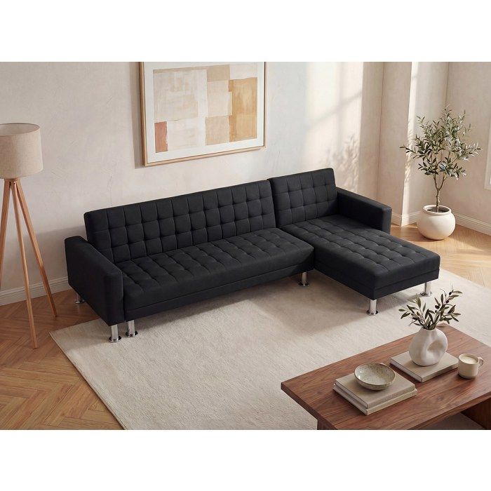 Canapé d'angle convertible et réversible en tissu noir WILLIS II