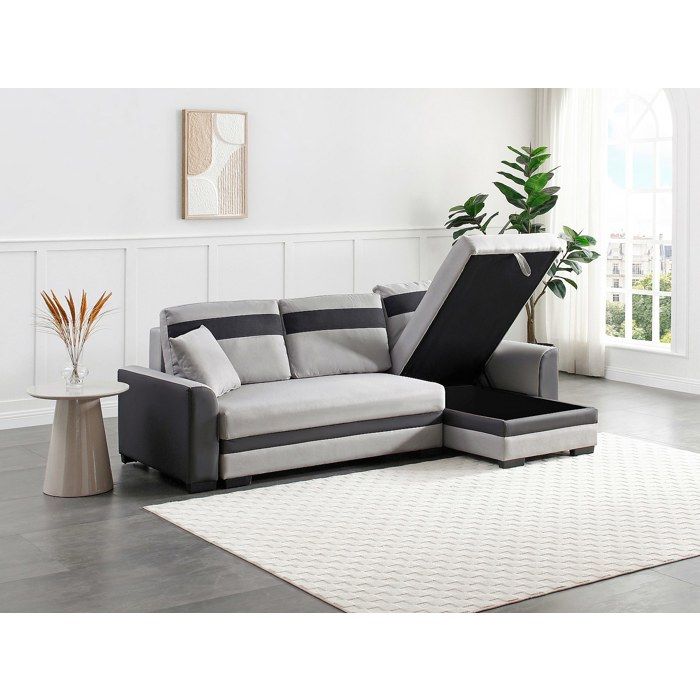 Canapé d'angle réversible et convertible en tissu et simili gris clair GIANY II - Vue supplémentaire 2