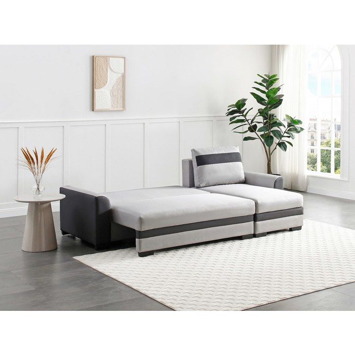 Canapé d'angle réversible et convertible en tissu et simili gris clair GIANY II - Vue supplémentaire 3