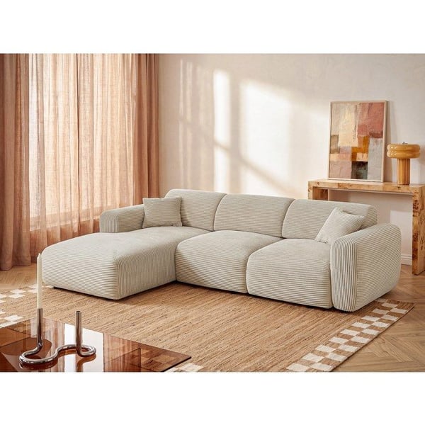 Pogni - Grand canapé angle gauche en velours côtelé beige