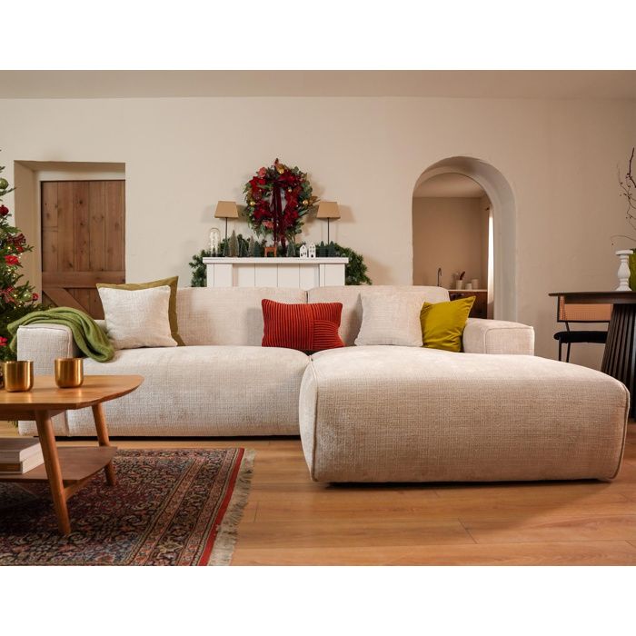 Lison - Canapé d'angle droit 4 places en velours texturé - Beige